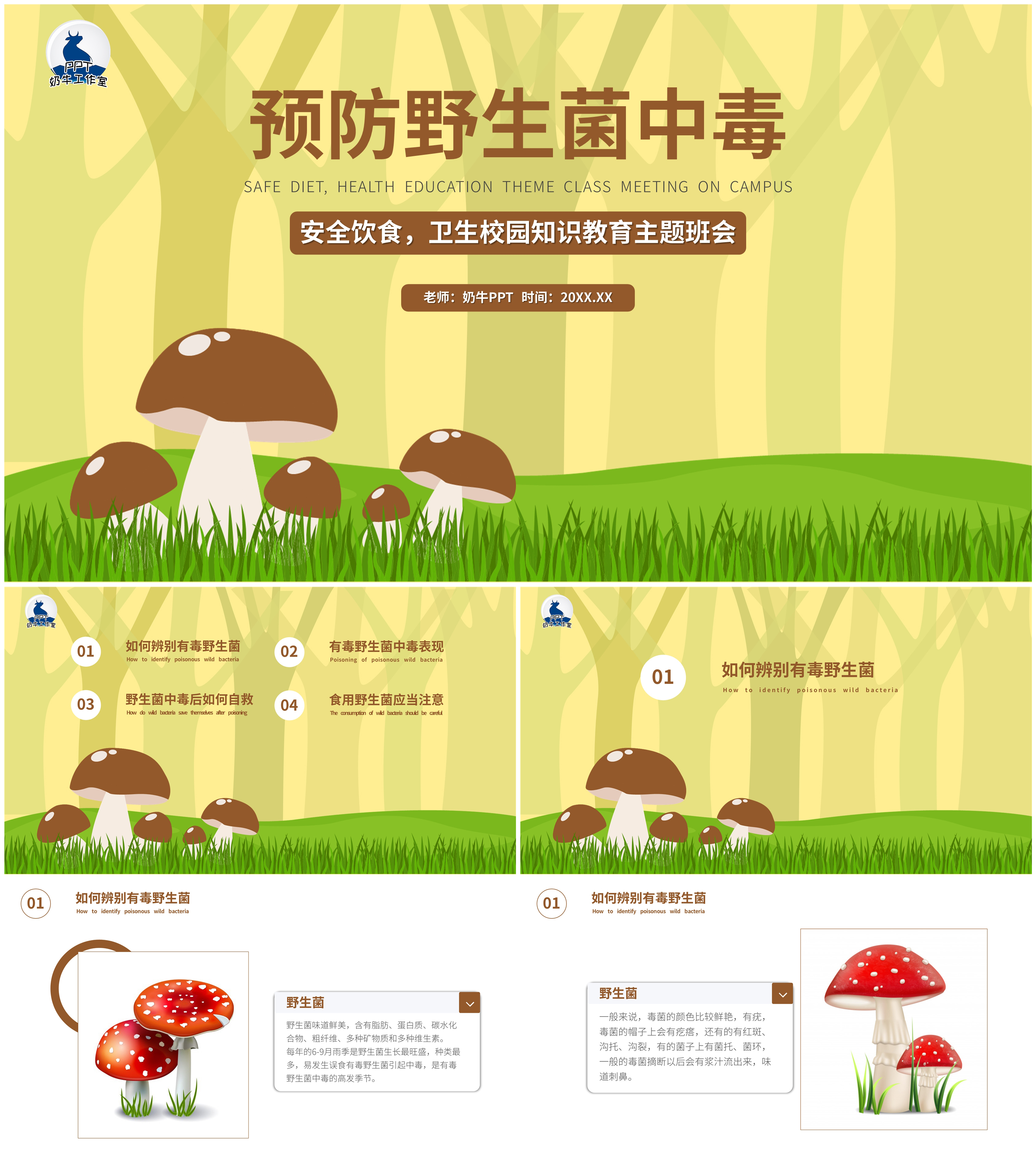 插画风预防野生菌类中毒安全教育主题班会PPT课件模板下载